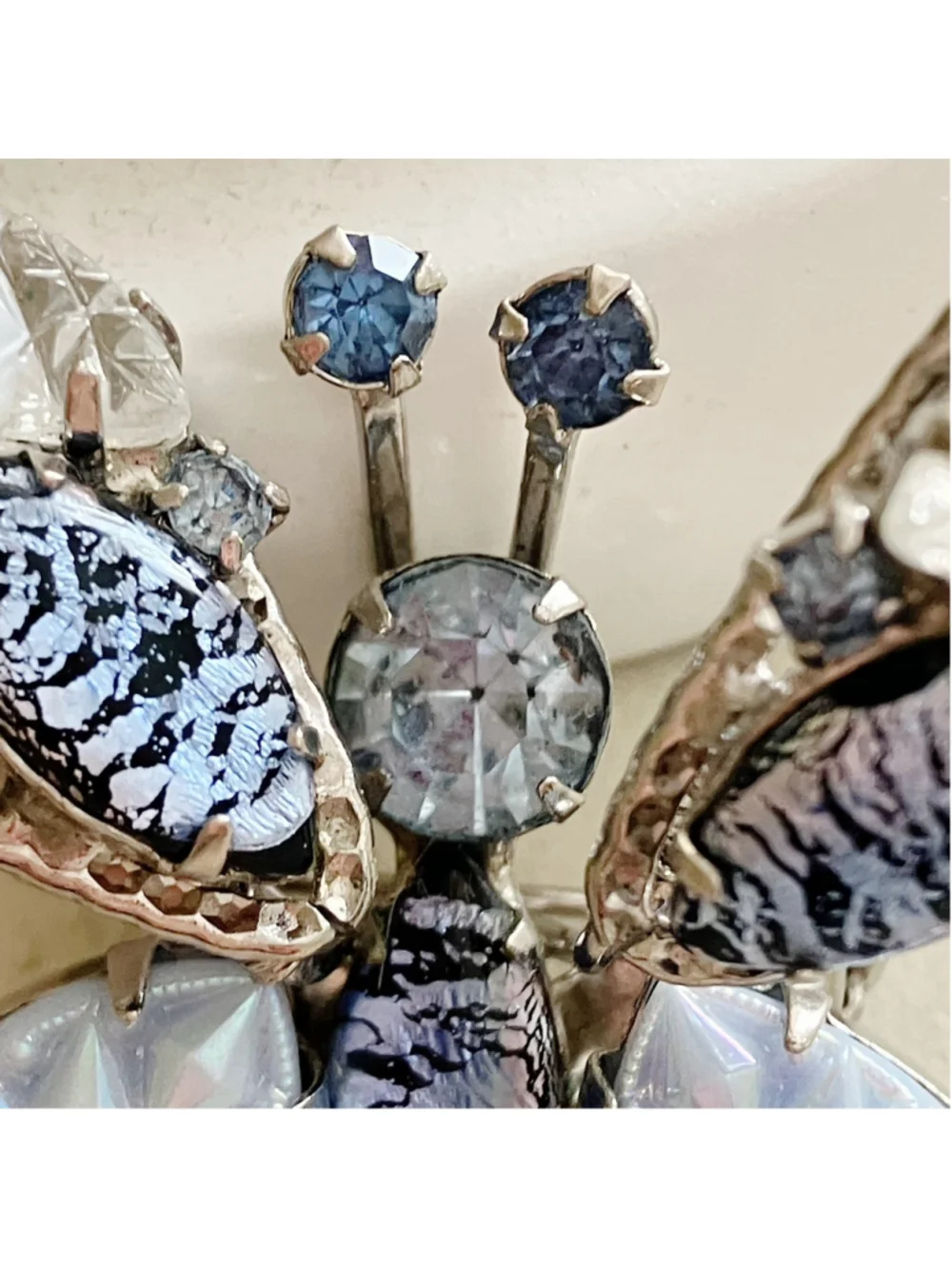 Vintage Butterfly Trembler Brooch Silver Filigree Foil Glass Stones Molded Art